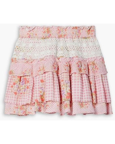 LoveShackFancy Corbett Crochet-trimmed Floral-print Gingham Cotton-seersucker Mini Skirt - Pink