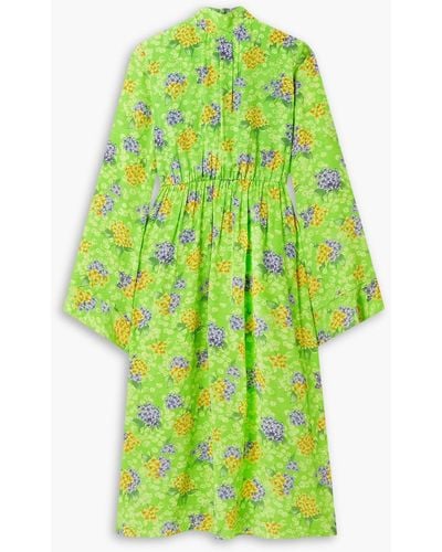 Les Rêveries Gathered Floral-print Silk Crepe De Chine Midi Dress - Green