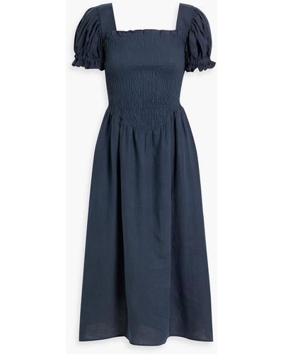 Sleeper Belle Shirred Linen Midi Dress - Blue