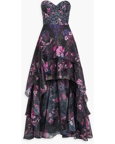 Marchesa Strapless Floral High-low Gown - Purple