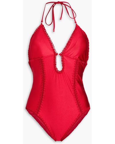 Zimmermann Crochet-trimmed Cutout Halterneck Swimsuit - Red