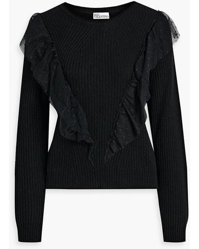 RED Valentino Point D'esprit-trimmed Ruffled Ribbed-knit Sweater - Black