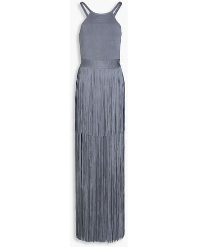 Hervé Léger Fringed Ribbed Stretch-knit Gown - Blue