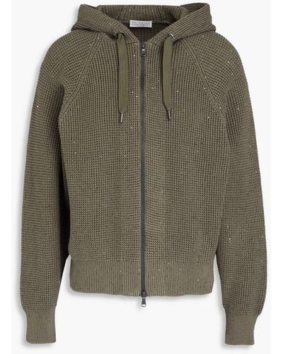 Brunello Cucinelli Sequin-embellished Waffle-knit Cotton-blend Zip-up Hoodie - Green