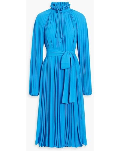 Monique Lhuillier Pleated Belted Crepe Midi Dress - Blue
