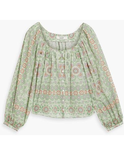 Joie Damarre Gathered Printed Cotton Top - Green