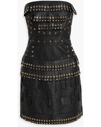 Zuhair Murad Strapless Embellished Fringed Leather Mini Dress - Black