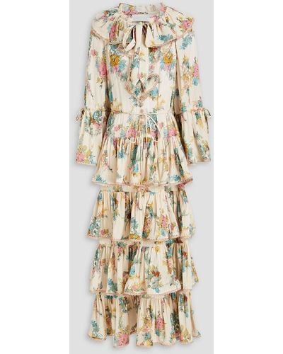 Zimmermann Tiered Floral-print Cotton-blend Crepon Maxi Dress - Natural
