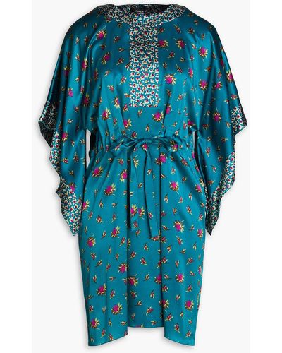 Andrew Gn Ruffled Floral-print Silk-satin Kaftan - Blue