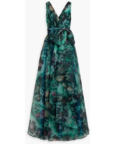 Badgley Mischka Wrap-effect Floral-print Organza Gown - Green