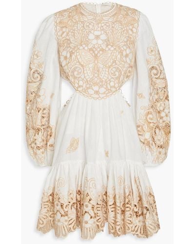 Zimmermann Broderie Anglaise-paneled Cutout Linen Mini Dress - White