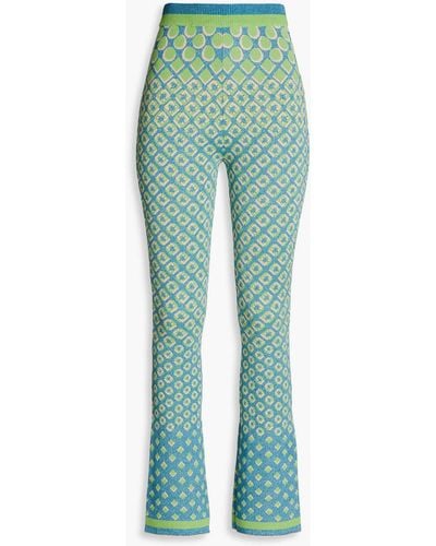 Diane von Furstenberg Metallic Jacquard-knit Cotton-blend Flared Pants - Green