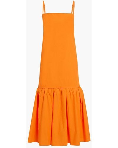 Another Tomorrow Flounce Gathered Cotton-poplin Midi Dress - Orange