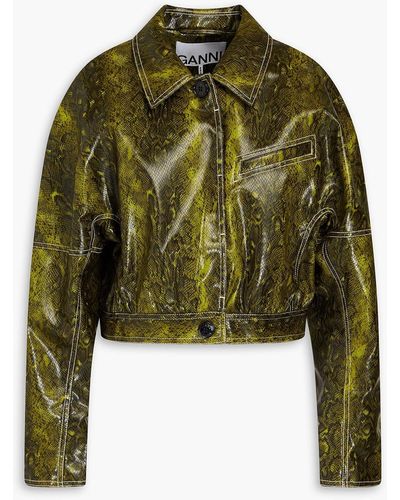Ganni Cropped Faux Snake-effect Leather Jacket - Green
