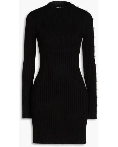 Sandro Cutout Faux Pearl-embellished Ribbed-knit Mini Dress - Black