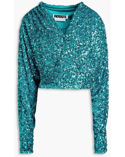 ROTATE BIRGER CHRISTENSEN Gathered Sequined Tulle Wrap Top - Blue