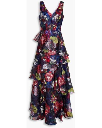 Marchesa Tiered Embroidered Floral-print Organza Gown - Blue