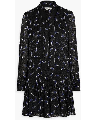 Diane von Furstenberg Akila Tie-neck Printed Fil Coupé Mini Dress - Black