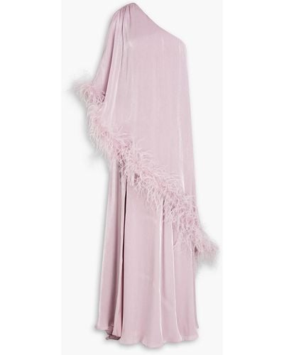 Badgley Mischka One-shoulder Feather-trimmed Metallic Crepon Gown - Pink