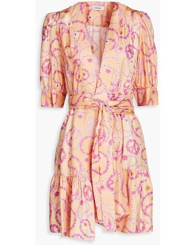 Sandro Gathered Floral-print Silk-twill Mini Wrap Dress - Pink