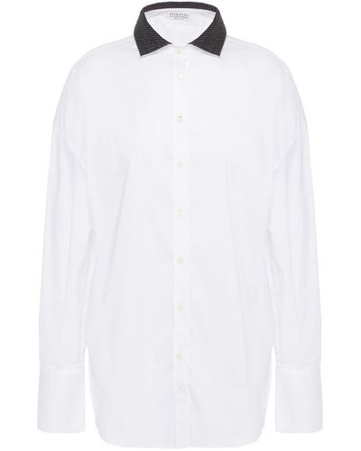 Brunello Cucinelli Bead-embellished Silk Satin-trimmed Cotton-blend Poplin Shirt - White