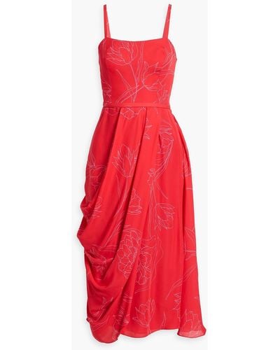 Carolina Herrera Draped Floral-print Silk Crepe De Chine Midi Dress - Red