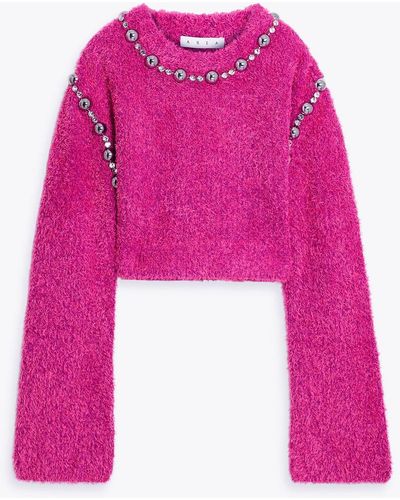 Area Cropped Embellished Cotton-blend Sweater - Pink