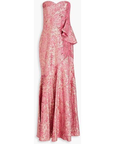 THEIA Ruffled Pleated Stretch-jacquard Maxi Gown - Pink