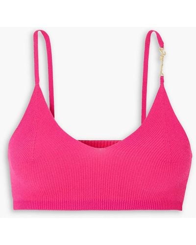 Jacquemus Pralu Cropped Embellished Ribbed-knit Top - Pink