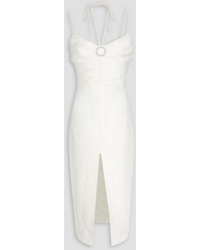 Rasario Embellished Ruched Linen-blend Midi Dress - White