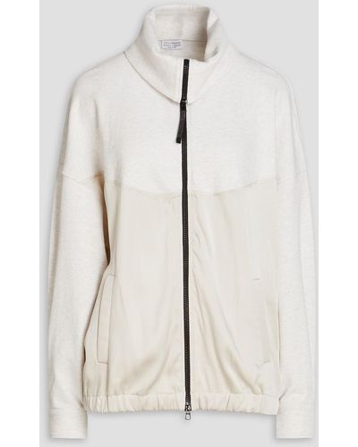 Brunello Cucinelli Satin-paneled French Cotton-terry Zip-up Sweatshirt - Natural