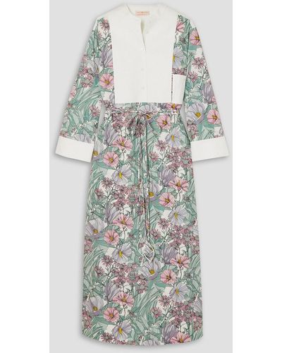 Tory Burch Belted Floral-print Cotton-poplin And Jacquard Dress - Green