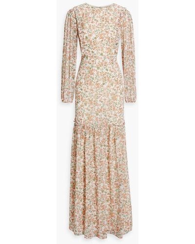Mikael Aghal Gathered Floral-print Crepe De Chine Maxi Dress - Natural