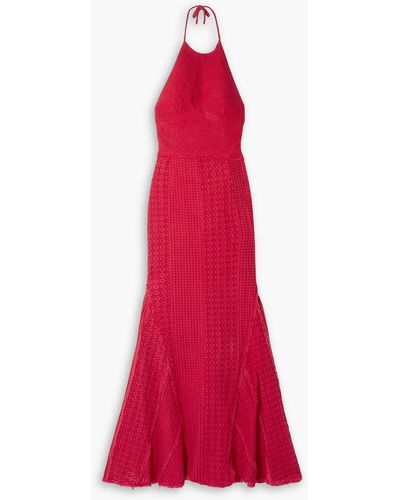 Rue Mariscal Frayed Embroide Crocheted Cotton Halterneck Maxi Dress - Red