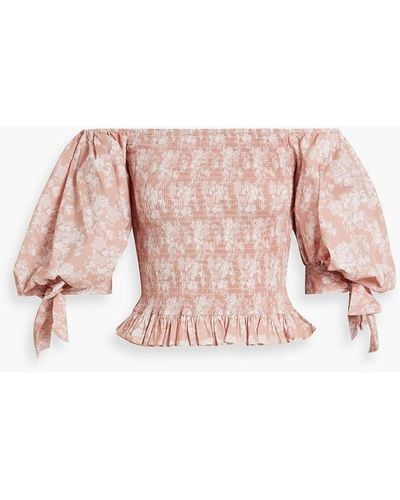 Caroline Constas Nora Off-the-shoulder Shirred Printed Cotton-blend Poplin Top - Pink