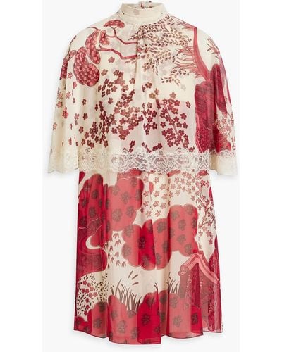 RED Valentino Lace-trimmed Printed Chiffon Mini Dress - Red
