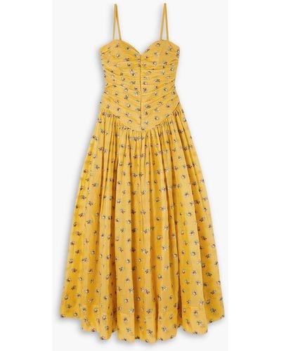 Tory Burch Pleated Embroidered Cotton-voile Midi Dress - Yellow