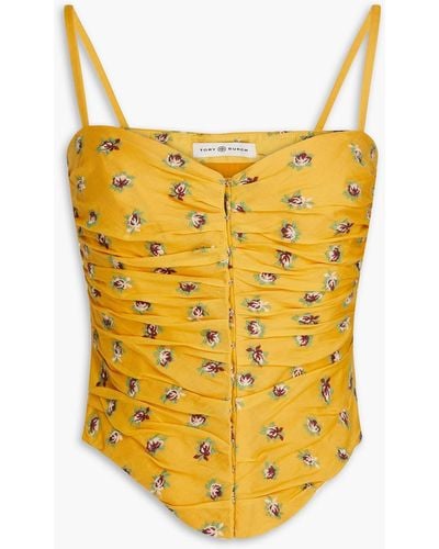 Tory Burch Ruched Floral-print Cotton-voile Bustier Top - Yellow