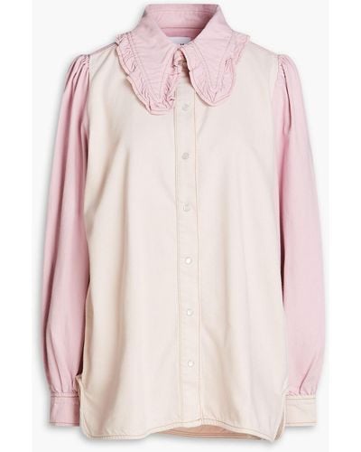 Ganni Ruffle-trimmed Two-tone Denim Shirt - Pink