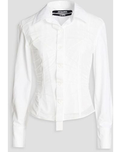 Jacquemus Ruched Stretch-mesh Panelled Cotton-poplin Shirt - White