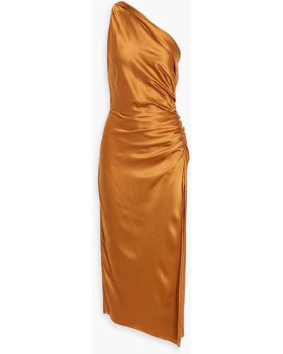 Michelle Mason One-shoulder Ruched Silk-satin Midi Dress - Orange