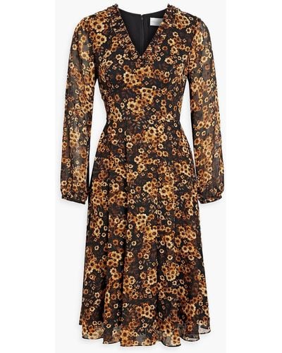 Mikael Aghal Pleated Metallic Fil Coupé Floral-print Chiffon Dress - Brown