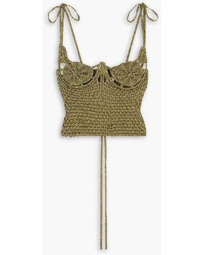 Isa Boulder Spiralweave Cropped Lace-up Metallic Woven Jersey Bustier Top - Green
