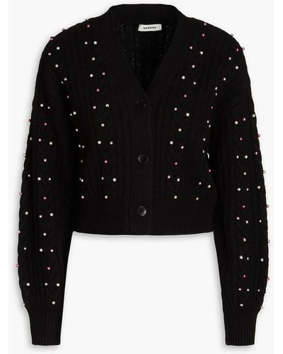 Sandro Destiny Cropped Faux Pearl-embellished Cable-knit Wool Cardigan - Black