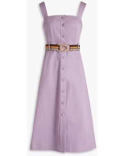 Tory Burch Belted Cotton-blend Twill Midi Dress - Purple