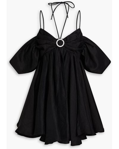 Rasario Cold-shoulder Crystal-embellished Gathered Linen-blend Mini Dress - Black