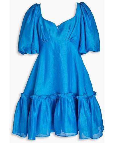 LEO LIN Gathered Slub Linen And Silk-blend Mini Dress - Blue