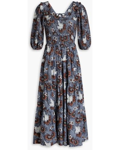 Sea Lucinda Shirred Printed Cotton Midi Dress - Blue