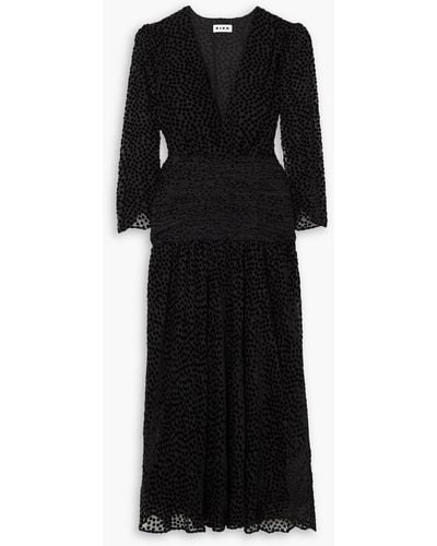 RIXO London Racquel Ruched Flocked Tulle Midi Dress - Black