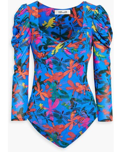 Diane von Furstenberg Erik Twist-front Floral-print Stretch-mesh Bodysuit - Blue